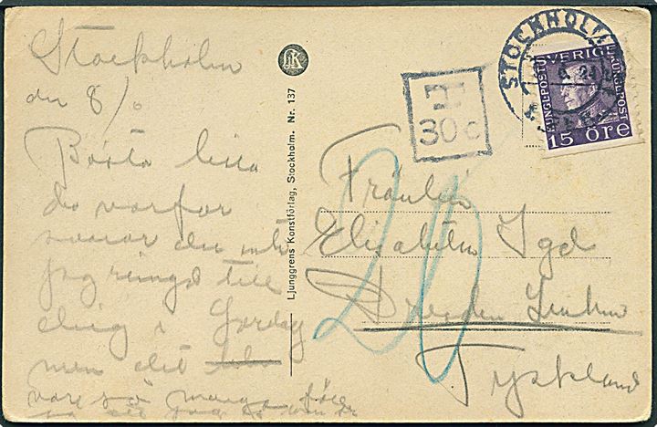 15 öre Gustaf på underfrankeret brevkort fra Stockholm d. 9.6.1924 til Dresden, Tyskland. Sort portostempel T 30c og udtakseret i 20 pfg. tysk porto.