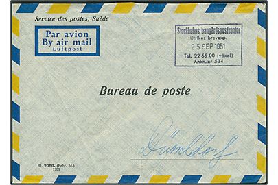 Ufrankeret postsags luftpostkuvert med rammestempel Stockholms bangårdspostkontor d. 25.9.1951 til Düsseldorf, Tyskland.