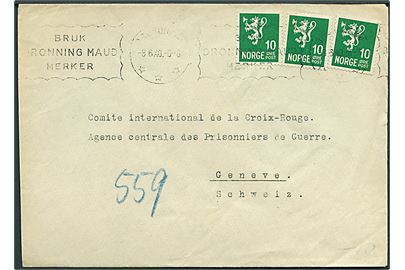 10 øre Løve (3) på brev fra Trondheim d. 8.6.1940 til Int. Røde Kors krigsfangekontor i Geneve, Schweiz. Uden synlig spor af censur, bortset fra 559 påskrevet med blåkridt.