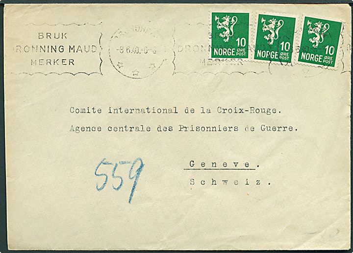 10 øre Løve (3) på brev fra Trondheim d. 8.6.1940 til Int. Røde Kors krigsfangekontor i Geneve, Schweiz. Uden synlig spor af censur, bortset fra 559 påskrevet med blåkridt.