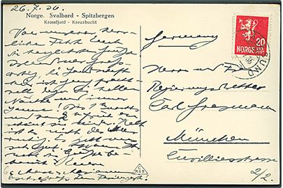 20 øre Løve på brevkort (Svalbard/Spitzbergen, Krossfjord) stemplet Ny-Ålesund d. 27.7.1936 til München, Tyskland.