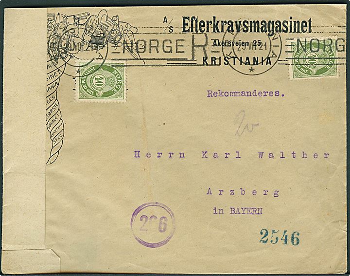 40 øre Posthorn (2) på anbefalet brev annulleret med særligt TMS-stempel til anbefalet post NORGE R i Kristiania d. 29.8.1921 til Arzberg, Bayern, Tyskland. Åbnet af tysk valutakontrol.