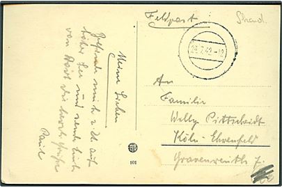Ufrankeret feltpostkort (Havneparti fra Trelleborg med færger) med stumt stempel d. 24.7.1942 til Köln. Iflg. meddelelse skrevet til søs.