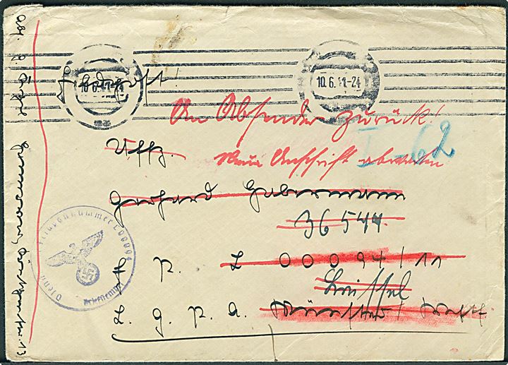 Ufrankeret feltpostbrev med stumt stempel d. 10.6.1941 til officer ved feldpost-nr. L. 00094 (= IV. Gruppe Kampfgeschwader 1) eftersendt til feldpost nr. 36544 (=  8. Staffel Kampf-Geschwader 1). Retur med briefstempel fra Feldpost L 00094.