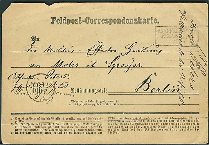 Fortrykt Feldpost-Correspondenzkarte stemplet K:PR:FELDPOST RELAIS No. ? d. 24.10.1870 til Berlin. Fra 2. Feldlazarett under den tysk-franske krig.