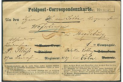 Fortrykt Feldpost-Correspondenzkarte stemplet stemplet Coeln Stadt-Post-Exped. No. 3 d. 5.11.1870 til Magdeburg. Fra soldat ved 1. Comp. Bat. Coblenz, Landwehr Regiment 29 i Cöln. Fra den tysk-franske krig. 