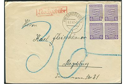 Provinz Sachsen. 6 pfg. Våben (4) markeret ugyldig på brev fra Gardelegen d. 6.2.1947 til Magdeburg. Udtakseret i 36 pfg. porto. 2 mærker med rifter.