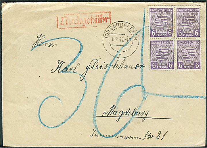 Provinz Sachsen. 6 pfg. Våben (4) markeret ugyldig på brev fra Gardelegen d. 6.2.1947 til Magdeburg. Udtakseret i 36 pfg. porto. 2 mærker med rifter.