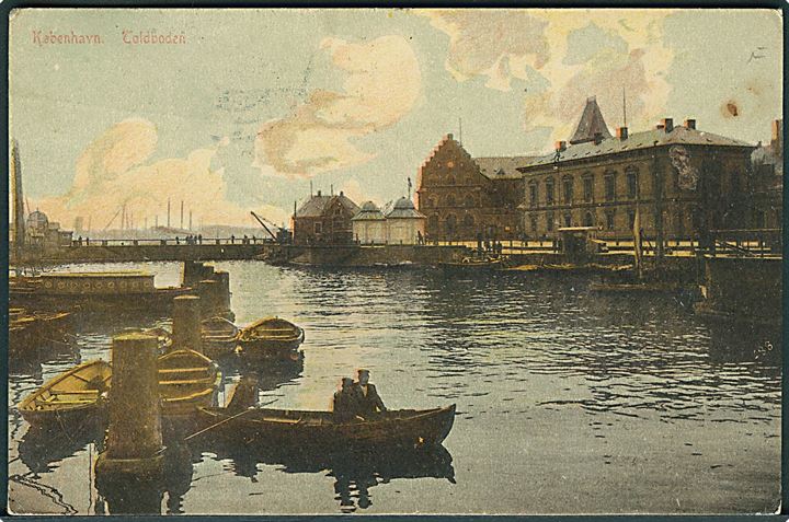 5 øre Fr. VIII på brevkort (Udsigt mod Københavns Toldbod) annulleret med skibsstempel Från Danmark og sidestemplet Malmö d. 23.10.1907 til Kalmar, Sverige.