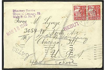 15 øre rød karavel på brev fra Vester-Hassing d. 21.2.1940 til Chicago, USA. Rebut liniestempel på forsiden. Brevet er returneret.
