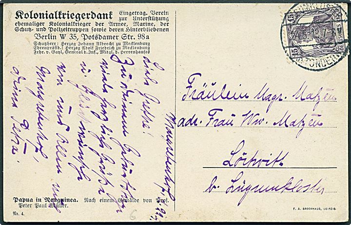 15 pfg. Germania på brevkort (Kolonialkriegerdank - Papua Neuguinea) stemplet Lügumkloster (Kr. Tondern) d. 21.5.1918.