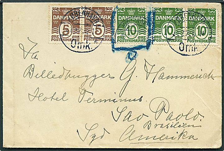 5 øre (2) og 10 øre (3) Bølgelinie på brev fra København d. 31.3.1925 til Sao Paolo, Brasilien. Et mærke brugt og markeret ugyldig.