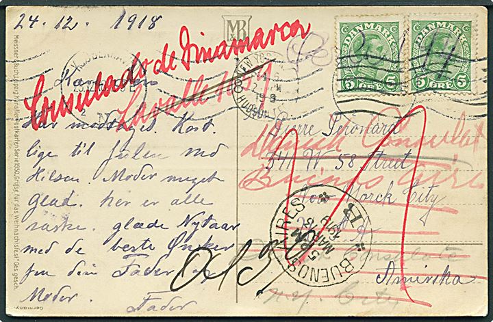 5 øre Chr. X i parstykke på brevkort fra Kjøbenhavn d. 23.12.1918 til New York, USA - eftersendt til danske konsulat i Buenos Aires, Argentina.
