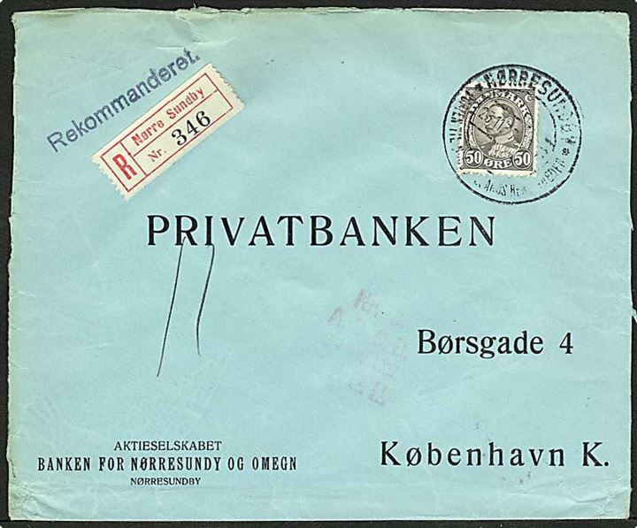 50 øre grå Chr. X singelfrankatur på Rec. brev fra Nørresundby d. 23.11.1937 til København.