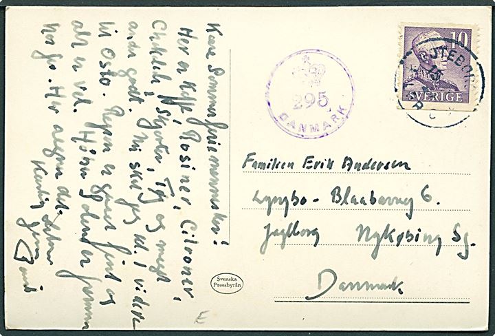 10 öre Gustaf på brevkort fra Göteborg d. 15.x.1945 til Nykøbing Sj., Danmark. Passér stemplet af den danske efterkrigscensur (krone)/295/Danmark.
