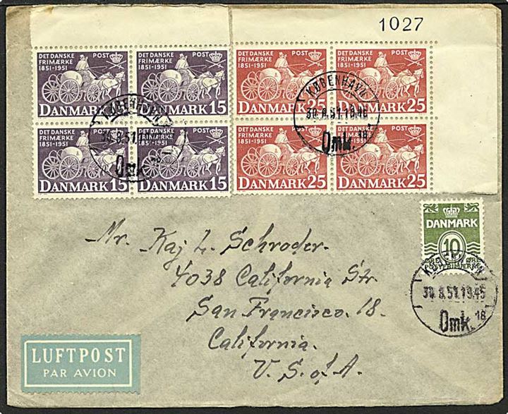 10 øre grøn bølgelinie samt 15 og 25 øre frimærkejubilæum på luftpost brev fra København d. 30.8.1951 til San Francisco, USA.