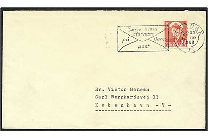 30 øre rød Fr. IX, grønlandsk mærke, på brev fra Odense d. 13.6.1960 til København.