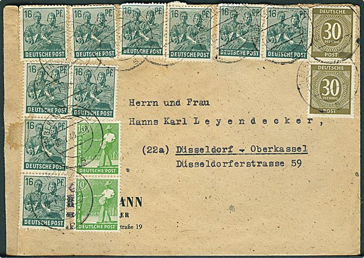 Berlin. 10 pfg. (2) 16 pfg. (10) og 30 pfg. (2) = 240 pfg. Zehnfach frankeret brev stemplet Berlin-Spandau 1 d. 2.7.1948 til Düsseldorf. 