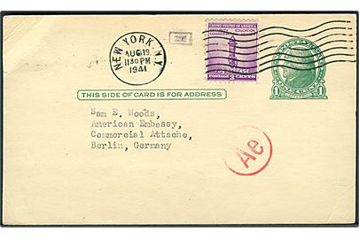 1 cents helsagsbrevkort opfrankeret med 3 cents fra New York d. 19.8.1941 til den amerikanske ambassade i Berlin, Tyskland. Passér stemplet Ae ved den tyske censur i Frankfurt.
