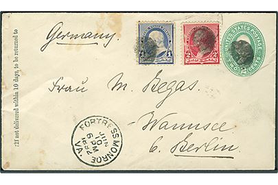 2 cents helsagskuvert opfrankeret med 1 cent Franklin og 2 cents Washington annulleret med stumt stempel og sidestemplet Fortress Monroe Va. d. 10.6.1892 til Wannsee, Tyskland. 