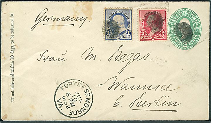 2 cents helsagskuvert opfrankeret med 1 cent Franklin og 2 cents Washington annulleret med stumt stempel og sidestemplet Fortress Monroe Va. d. 10.6.1892 til Wannsee, Tyskland. 