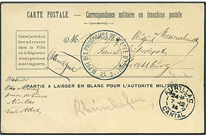 Ufrankeret fransk krigsfangebrevkort stemplet Aurillac d. 7.12.1914 til Strassburg, Tyskland. Interessant forsendelse fra den franske krigsfangelejr på Ecole Albert i Aurillac, som fra maj 1915 blev særlejr for sønderjyske krigsfanger.