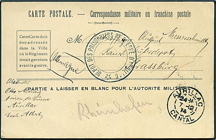 Ufrankeret fransk krigsfangebrevkort stemplet Aurillac d. 7.12.1914 til Strassburg, Tyskland. Interessant forsendelse fra den franske krigsfangelejr på Ecole Albert i Aurillac, som fra maj 1915 blev særlejr for sønderjyske krigsfanger.