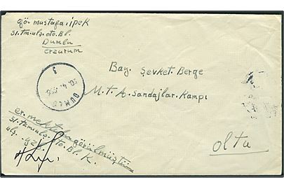 Ufrankeret feltpostbrev fra Dumlu d. 20.4.1956 til Oltu. 