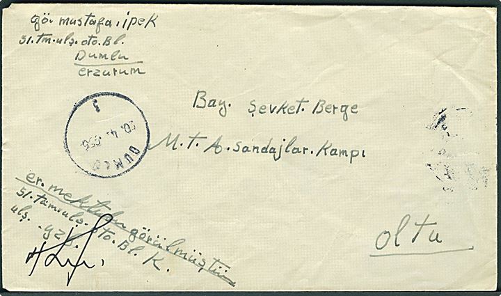Ufrankeret feltpostbrev fra Dumlu d. 20.4.1956 til Oltu. 
