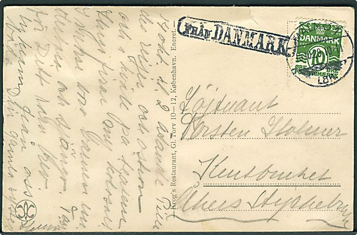 10 øre Bølgelinie på brevkort fra København annulleret med svensk stempel i Malmö d. 15.10.1929 og sidestemplet Från Danmark til Åhus, Sverige.