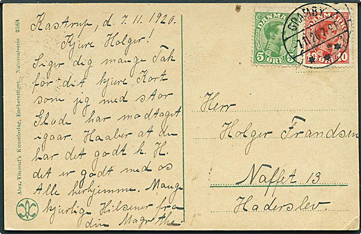 5 øre og 10 øre Chr. X på brevkort annulleret med brotype IVb Gramby sn1 d. 7.11.1920 til Haderslev.