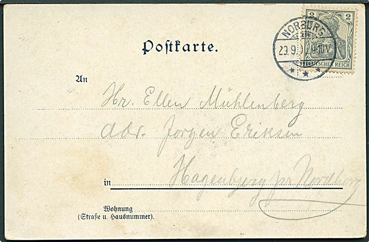2 pfg. Germania på lokalt brevkort stemplet Norburg d. 29.9.1901 til Hagenbjerg pr. Nordborg.