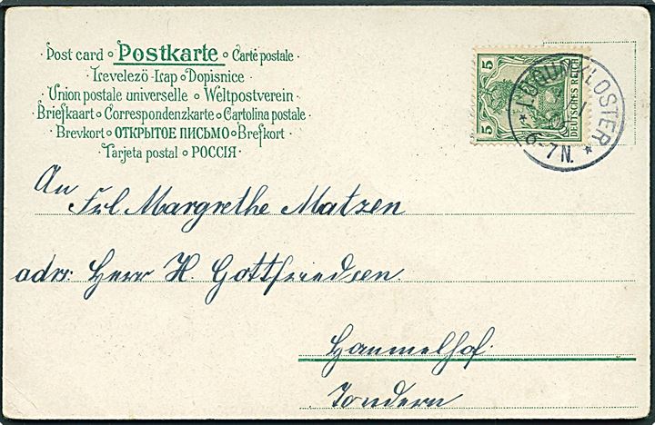 5 pfg. Germania på brevkort stemplet Lügumkloster d. 1.1.1906 til Tondern.
