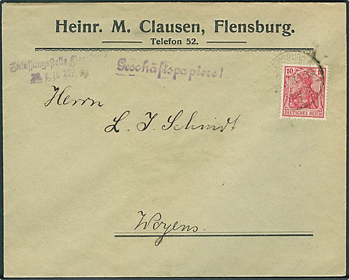 10 pfg. Germania på Forretningspapirer fra Flensburg 1918 til Vojens. Violet stempel fra Zulassungsstelle Flensburg.
