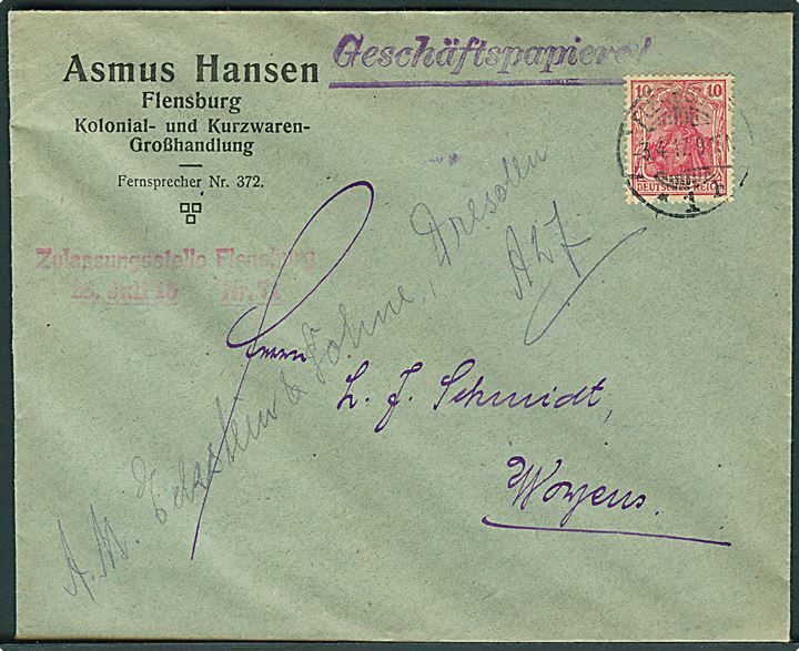 10 pfg. Germania på Forretningspapirer fra Flensburg 3.4.1917 til Vojens. Rødt stempel fra Zulassungsstelle Flensburg.