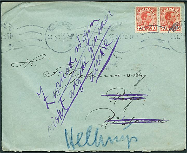 10 øre Chr. X i parstykke på brev fra Kjøbenhavn d. 25.8.1919 til Riga, Rusland. Retur pga. mangelfuld adresse.