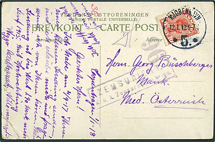 10 øre Chr. X på brevkort stemplet Kjøbenhavn *5* d. 12.1.1918 til Mank, Østrig. K.u.K. censur fra Wien.