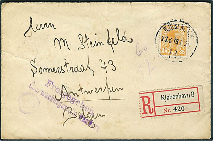 35 øre Chr. X single på anbefalet brev fra Kjøbenhavn d. 23.6.1918 til Antwerpen, Belgien. Tysk censurstempel fra Hamburg. Bagklap mgl.