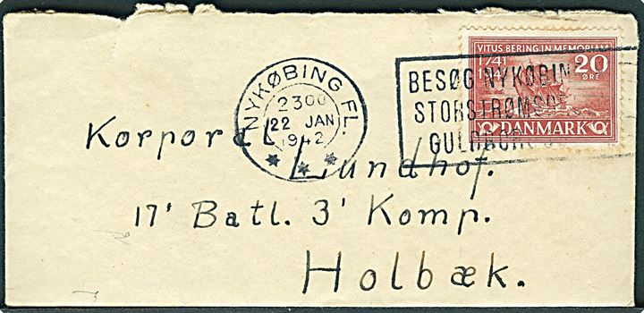 20 øre Vitus Bering på lille brev fra Nykøbing Fl. d. 22.1.1942 til soldat ved 17. Batl., 3. Komp. i Holbæk.