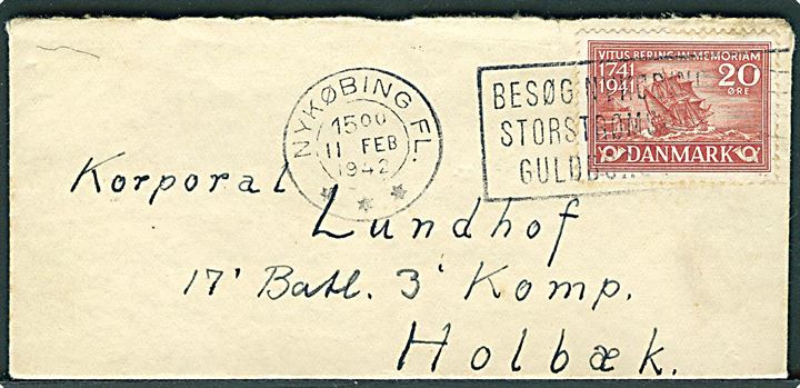 20 øre Vitus Bering på lille brev fra Nykøbing Fl. d. 11.1.1942 til soldat ved 17. Batl., 3. Komp. i Holbæk.