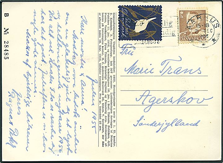 20 øre Fr. IX og Julemærke 1955 på Grænseforeningens Ungdoms landslotteri postkort fra Aarhus d. 21.12.1955 til Agerskov. 