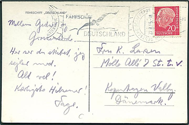 20 pfg. på brevkort (Fährschiff Deutschland) annulleret med skibsstempel Deutsche Schiffspost Grossenbrode - Gedser / Fährschiff Deutschland d. 27.8.1955 til København.