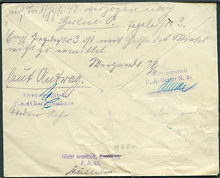 Ufrankeret fortrykt kuvert fra Dansk Røde Kors Krigsfange Afdeling i Kjøbenhavn d. 14.9.1916 til Charlottenburg b/ Berlin, Tyskland. Eftersendt og returneret som ubekendt med mange påskrifter.