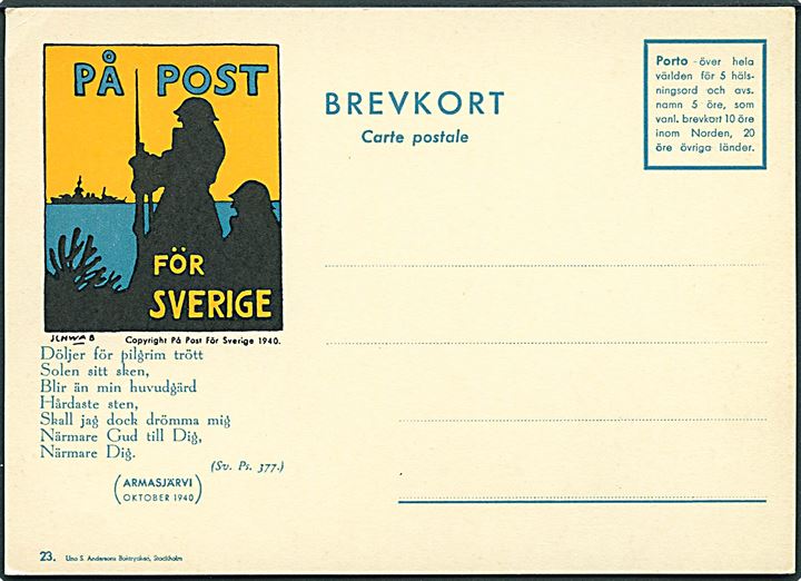 På Post för Sverige patriotisk brevkort. Ubrugt.