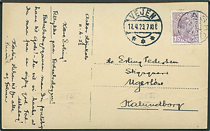 15 øre Chr. X på brevkort annulleret med stjernestempel ASKOV og sidestemplet Vejen d. 11.4.1923 til Uggerløse pr. Kalundborg.