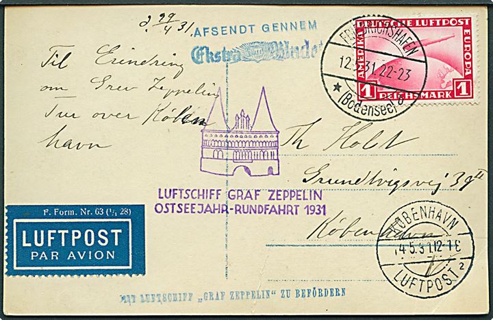 1 mk. Zeppelin på luftpost brevkort (stemplet Afsendt gennem Ekstra Bladet) fra Friedrichshafen d. 12.5.1931 til København, Danmark.  Flyvningsstempel Luftschiff Graf Zeppelin Ostseejahr-Rundflug 1931.