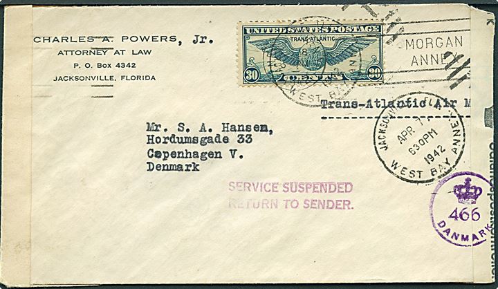 30 cents Winged Globe på luftpostbrev fra Jacksonville d. 7.4.1942 til København, Danmark. Tilbageholdt af amerikansk censur med stempel Service Suspended og fremsendt i 1945 med dansk efterkrigscensur (krone)/466/Danmark. 