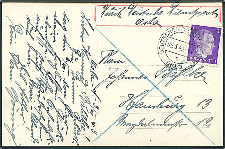 Tysk 6 pfg. Hitler på brevkort (Oslo, Holmenkollbakken) stemplet Deutsches Dienstpost / c / Oslo d. 3.3.1943 til Hamburg, Tyskland. 