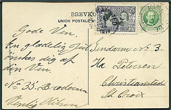 5 bit Fr. VIII og Julemærke 1910 på brevkort (Bethany Mission House, St. Thomas) stemplet Kingshill d. 24.12. 1910 til Christiansted, St. Croix. Julemærke med ank.stempel Christiansted d. 24.12.1910.