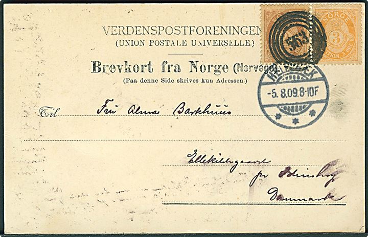 2 øre og 3 øre Posthorn på brevkort fra Molde d. 2.8. 1909 annulleret med 4-ringstempel “563” Hjælsetruten til Ellekildegaard pr. Odinsborg, Danmark. Ank.stemplet Hellebæk d. 5.8.1909. 